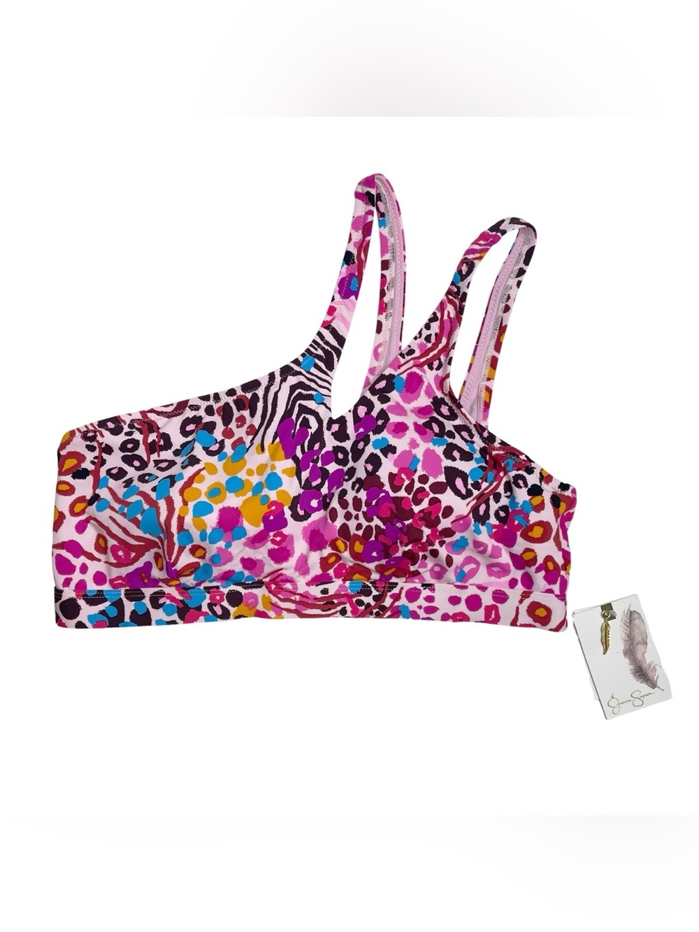 Jessica Simpson One-Shoulder Bikini Top Animal Print Purple Pink Medium New